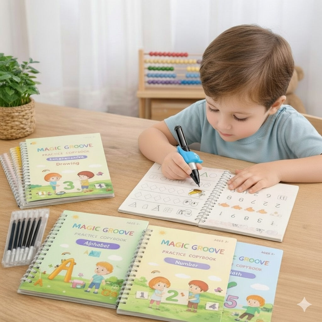 Kit 4 Libretti Educativi Riutilizzabili + Penna Magica con Ricariche