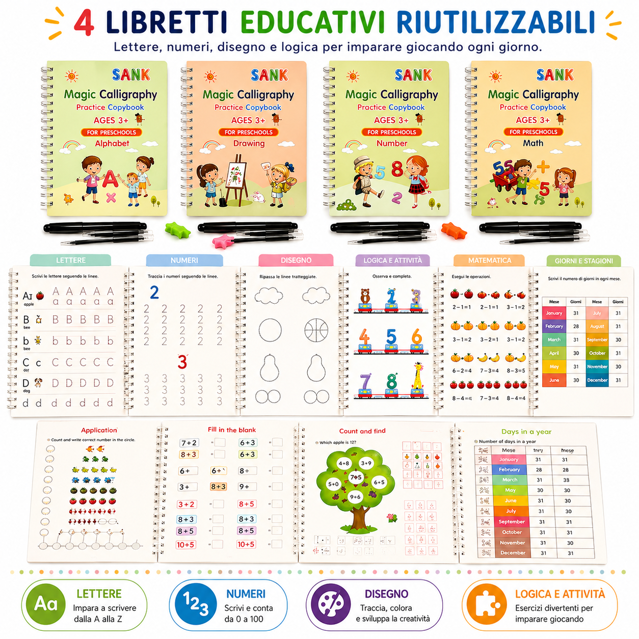 Kit 4 Libretti Educativi Riutilizzabili + Penna Magica con Ricariche