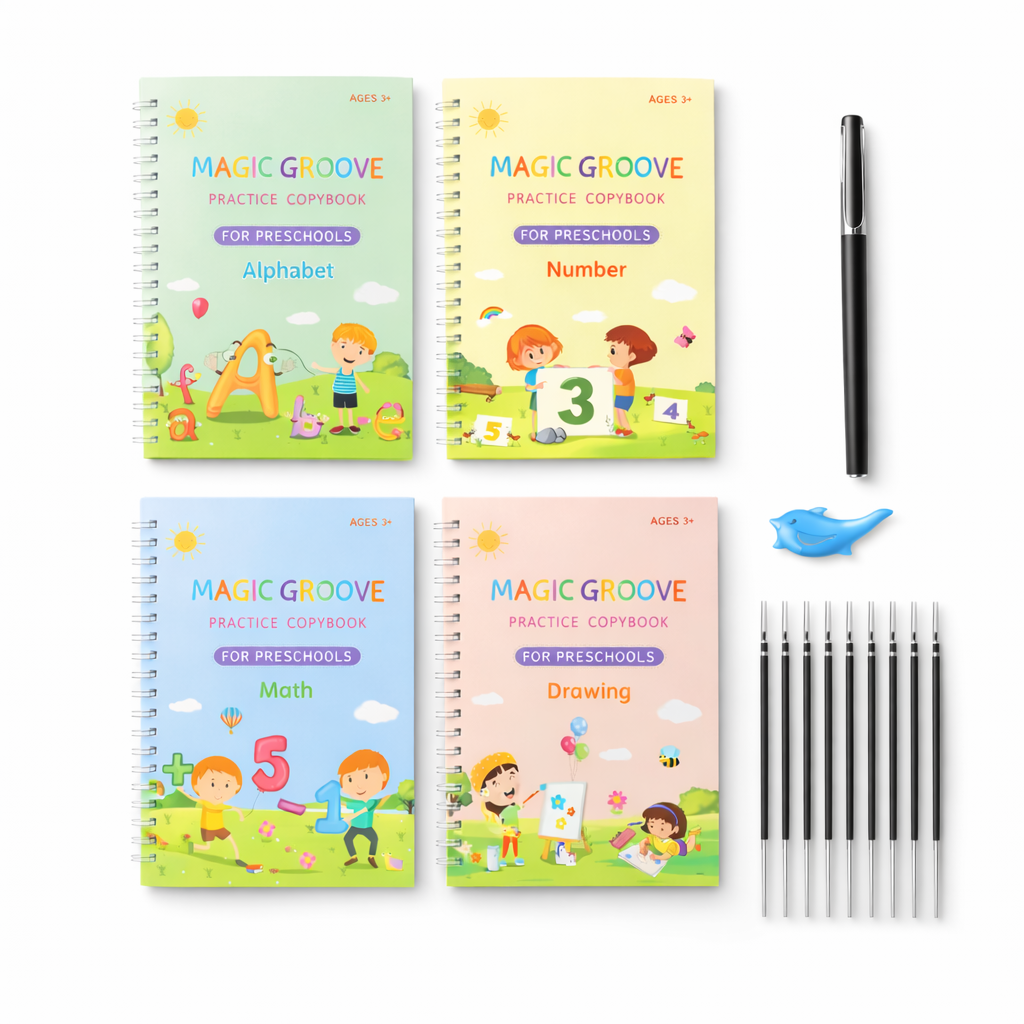 Kit 4 Libretti Educativi Riutilizzabili + Penna Magica con Ricariche
