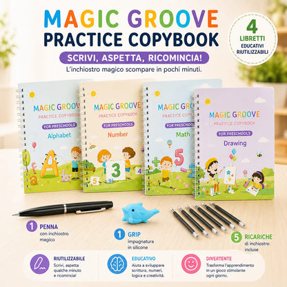 Kit 4 Libretti Educativi Riutilizzabili + Penna Magica con Ricariche