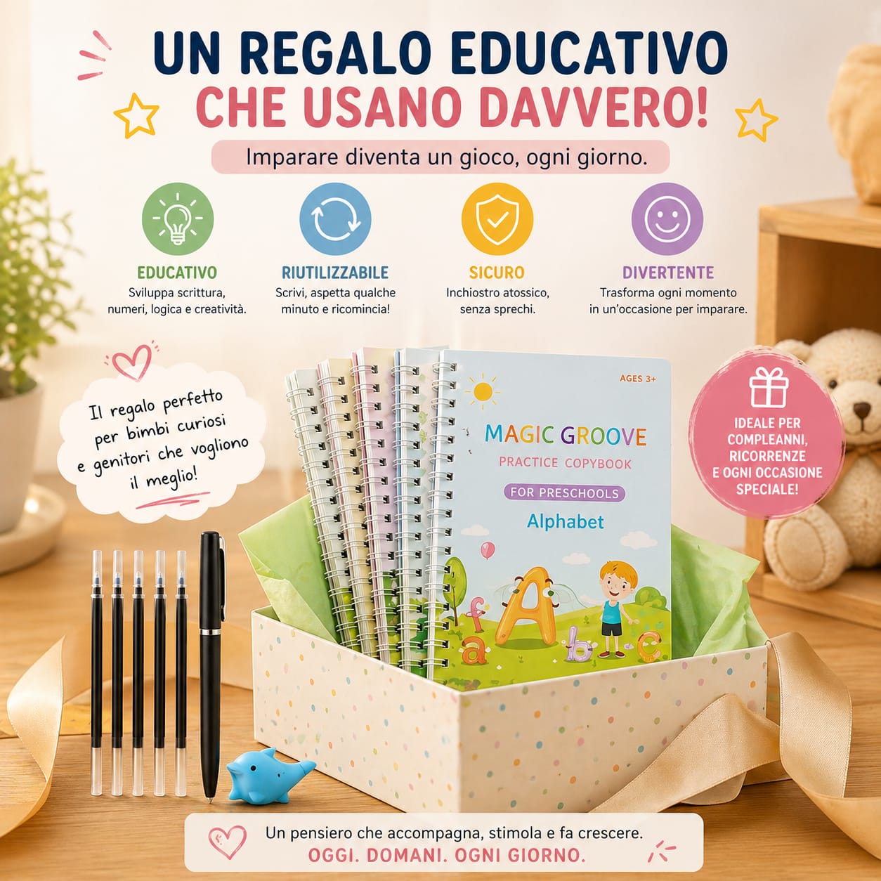Kit 4 Libretti Educativi Riutilizzabili + Penna Magica con Ricariche