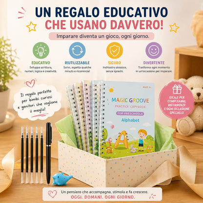 Kit 4 Libretti Educativi Riutilizzabili + Penna Magica con Ricariche