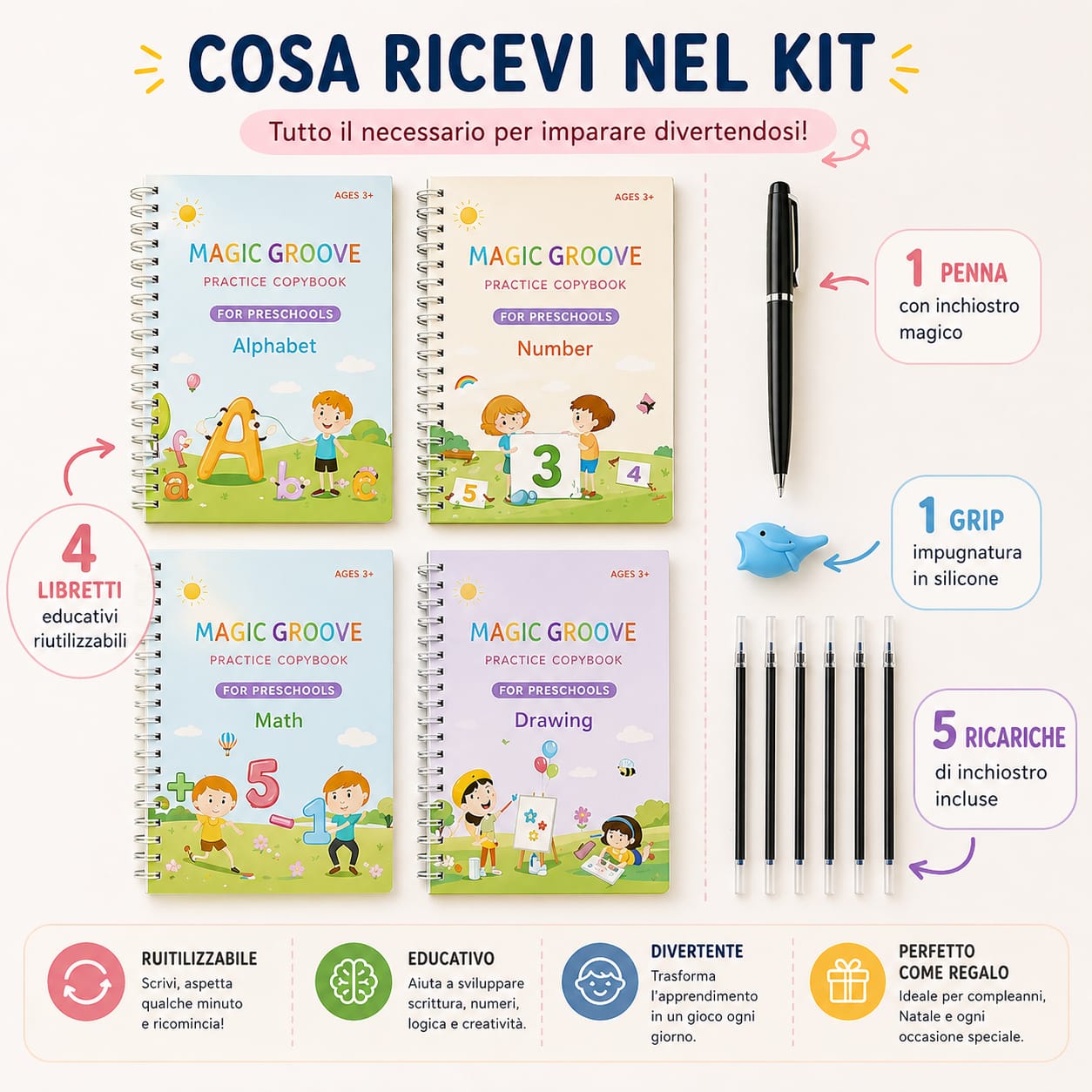 Kit 4 Libretti Educativi Riutilizzabili + Penna Magica con Ricariche