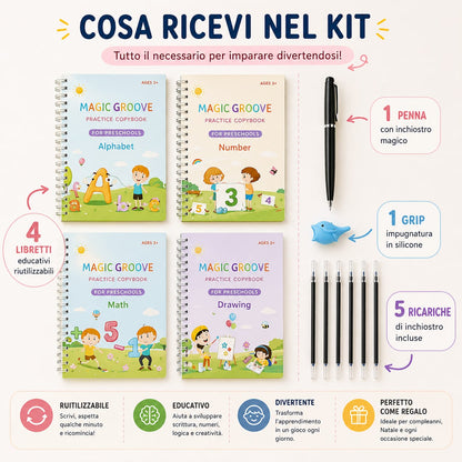 Kit 4 Libretti Educativi Riutilizzabili + Penna Magica con Ricariche