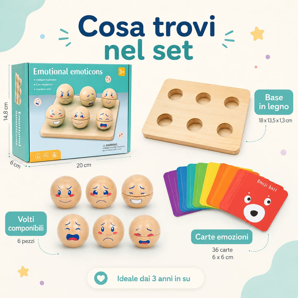 Cosa trovi nel set Gioco delle emozioni in Legno - 3+ anni